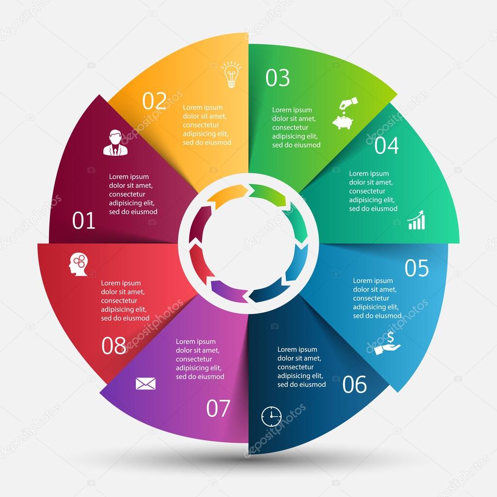 Vector circle infographic with colorful segments. Template for cycle diagram, graph, presentation and round chart. Business concept with 8 options, parts, steps or processes
