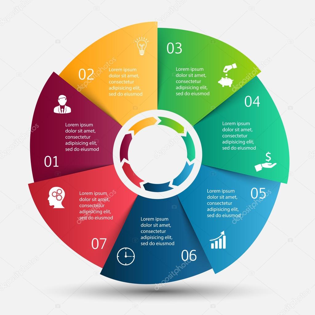 Vector circle infographic with colorful segments. Template for cycle diagram, graph, presentation and round chart. Business concept with 7 options, parts, steps or processes