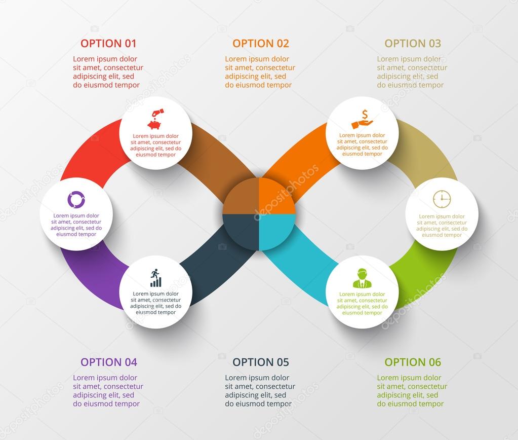 Vector infinity element for infographic. Template for cycling diagram, graph, presentation. Business concept with 6 options, parts, steps or processes. Abstract background.