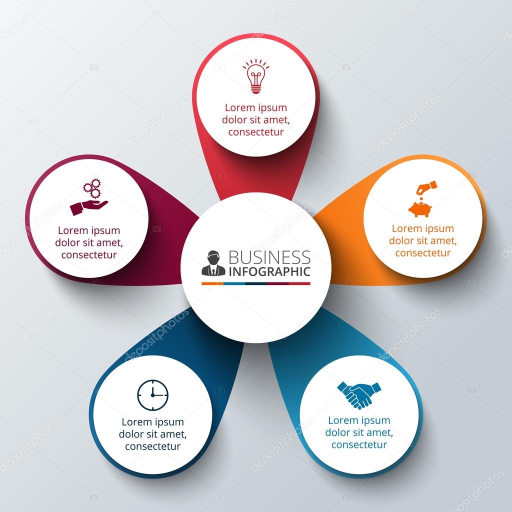 Vector circle infographic. Template for cycle diagram, graph, presentation and round chart. Business concept with 5 options, parts, steps or processes. Data visualization.