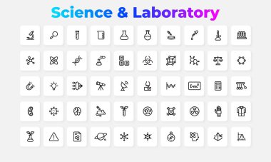 Bilim ve Laboratuar Satır Simgeleri Ayarlandı. Kimya, Biyoloji, Fizik, Araştırma, Deney, Eğitim ve Tıbbi Taslak Semboller Bilgi ve Sunumlar Toplama.