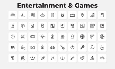 Entertainment and Games Outline Icons Set. Video Oyunları, Konsol, Masa Oyunları ve Sinema Vektör Koleksiyonu 'nun 50 Modern Satır Sembolü.