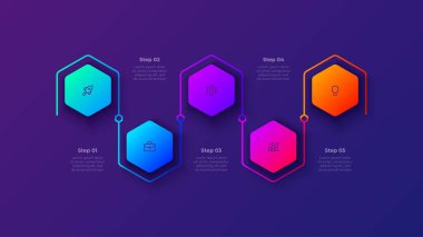 5 Adım İşlem Bilgileri Dikey Altıgen Akış Diyagramı Bağlı Sıralı Bloklarla.