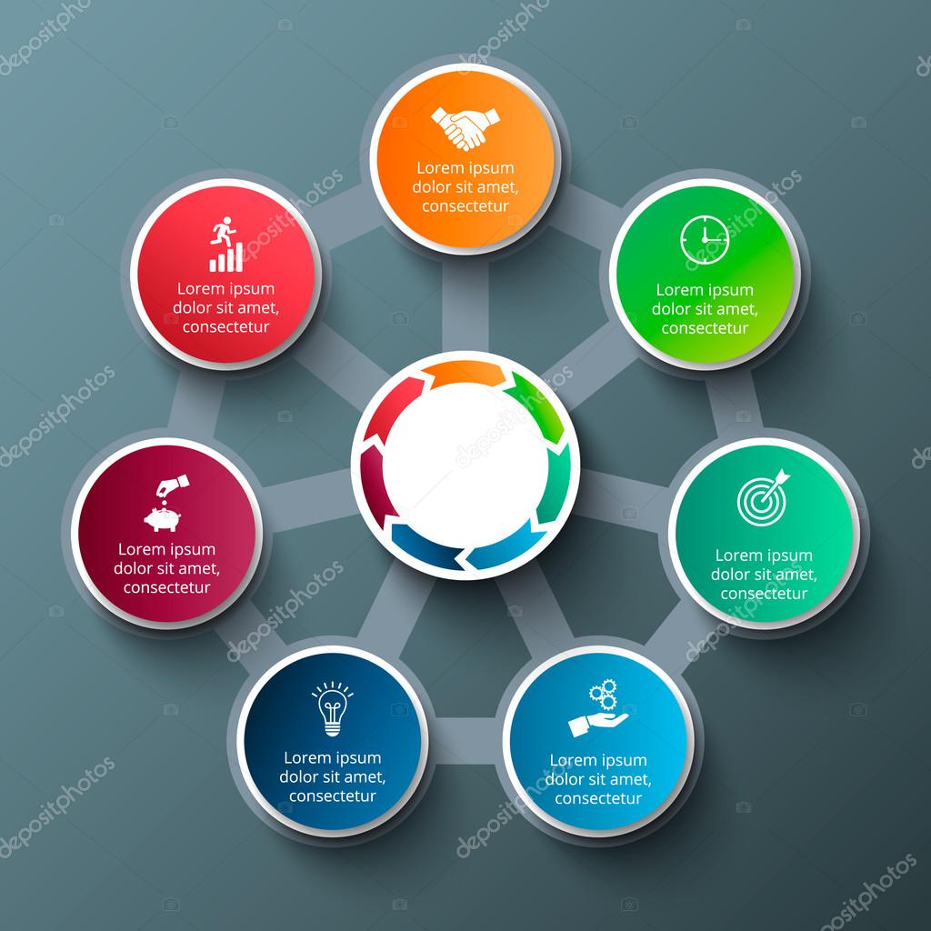 Vector heptagon with circles for infographic. Template for cycle diagram, graph, presentation and round chart. Business concept with 7 options, parts, steps or processes. Data visualization.