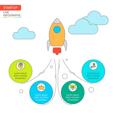 Thin line flat rocket for startup infographic.