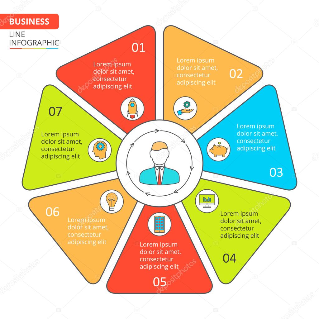 Thin line flat heptagon for infographic. Template for cycle diagram, graph, presentation and round chart. Business concept with 7 options, parts, steps or processes. Data visualization.
