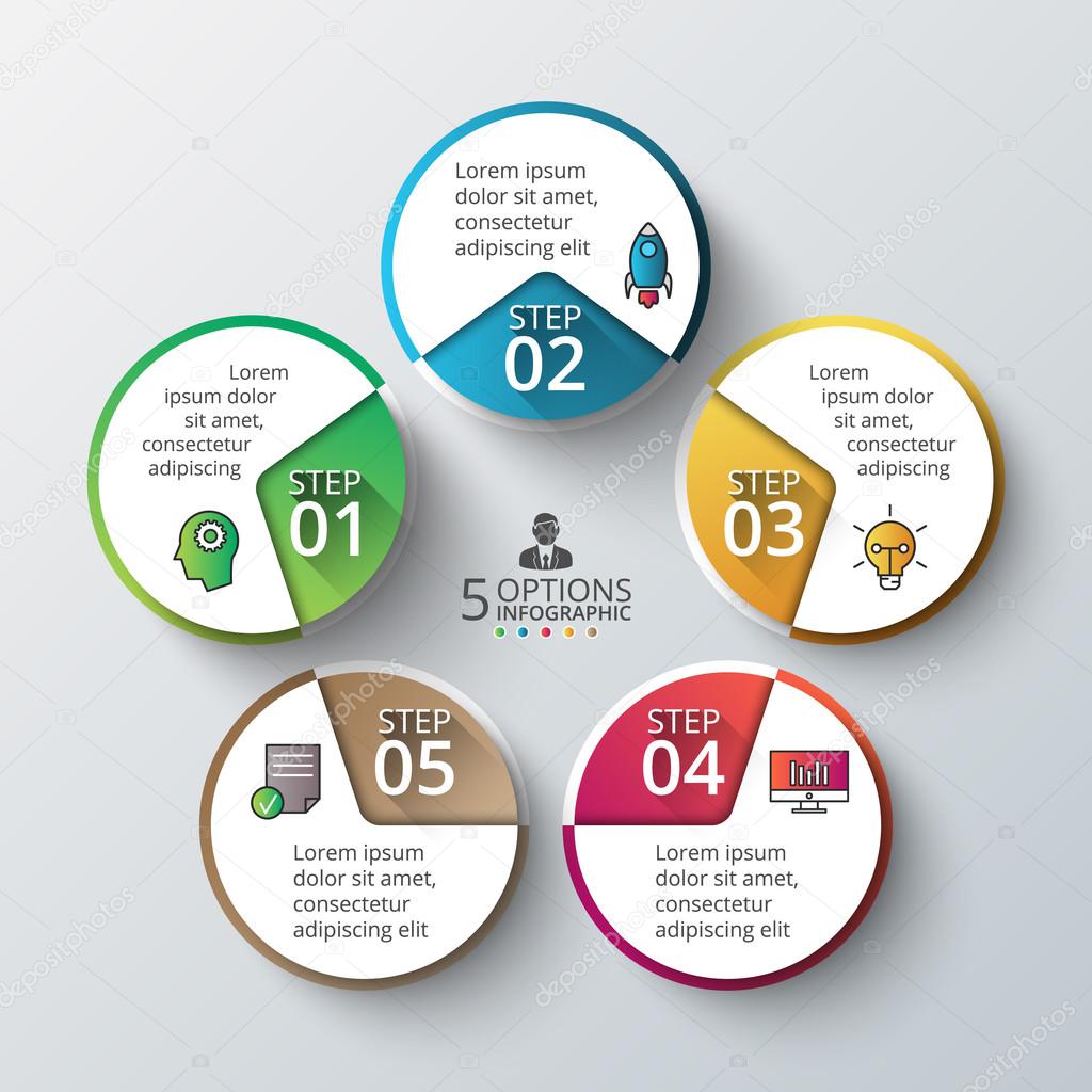 Vector circle infographic. Template for cycle diagram, graph, presentation and round chart. Business concept with 5 options, parts, steps or processes. Data visualization.