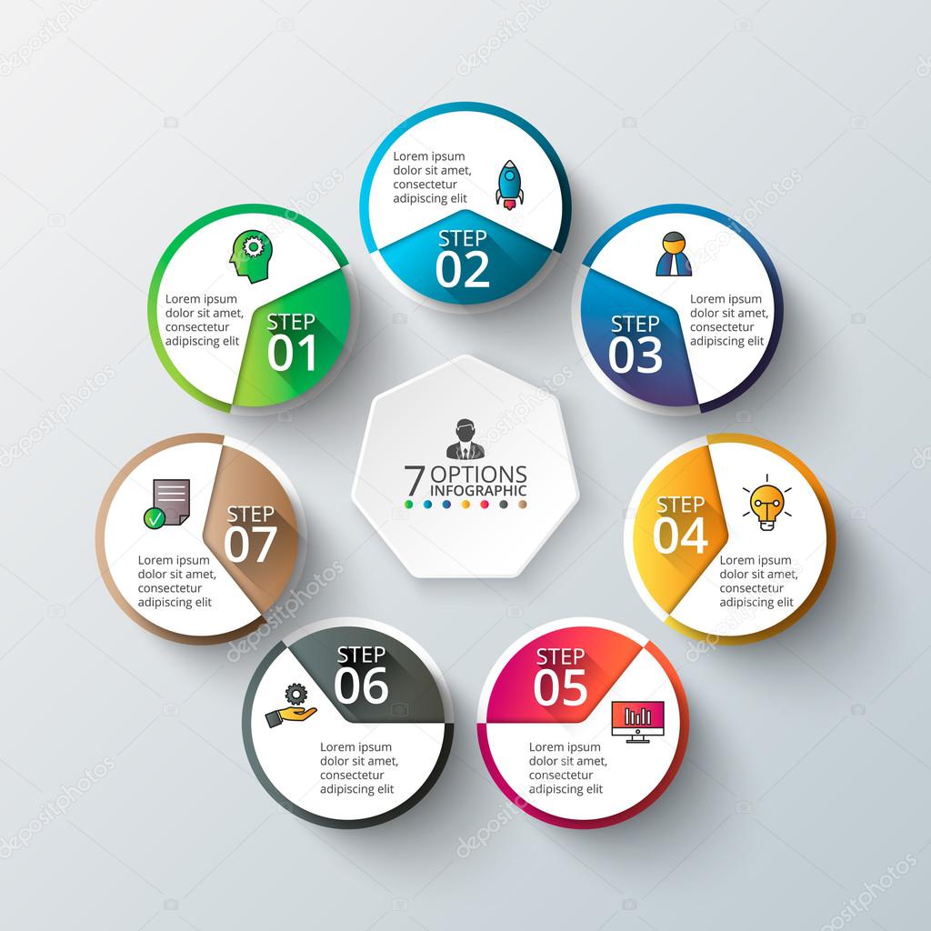 Vector circle infographic. Template for cycle diagram, graph, presentation and round chart. Business concept with 7 options, parts, steps or processes. Data visualization.
