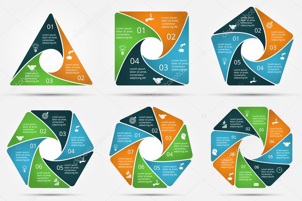 Vector circle infographic. Template for cycle diagram, graph, presentation and round chart. Business concept with 3, 4, 5, 6, 7 and 8 options, parts, steps or processes. Data visualization.