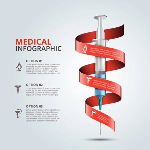 Jeringa vectorial con cinta roja para infografías . — Vector de stock