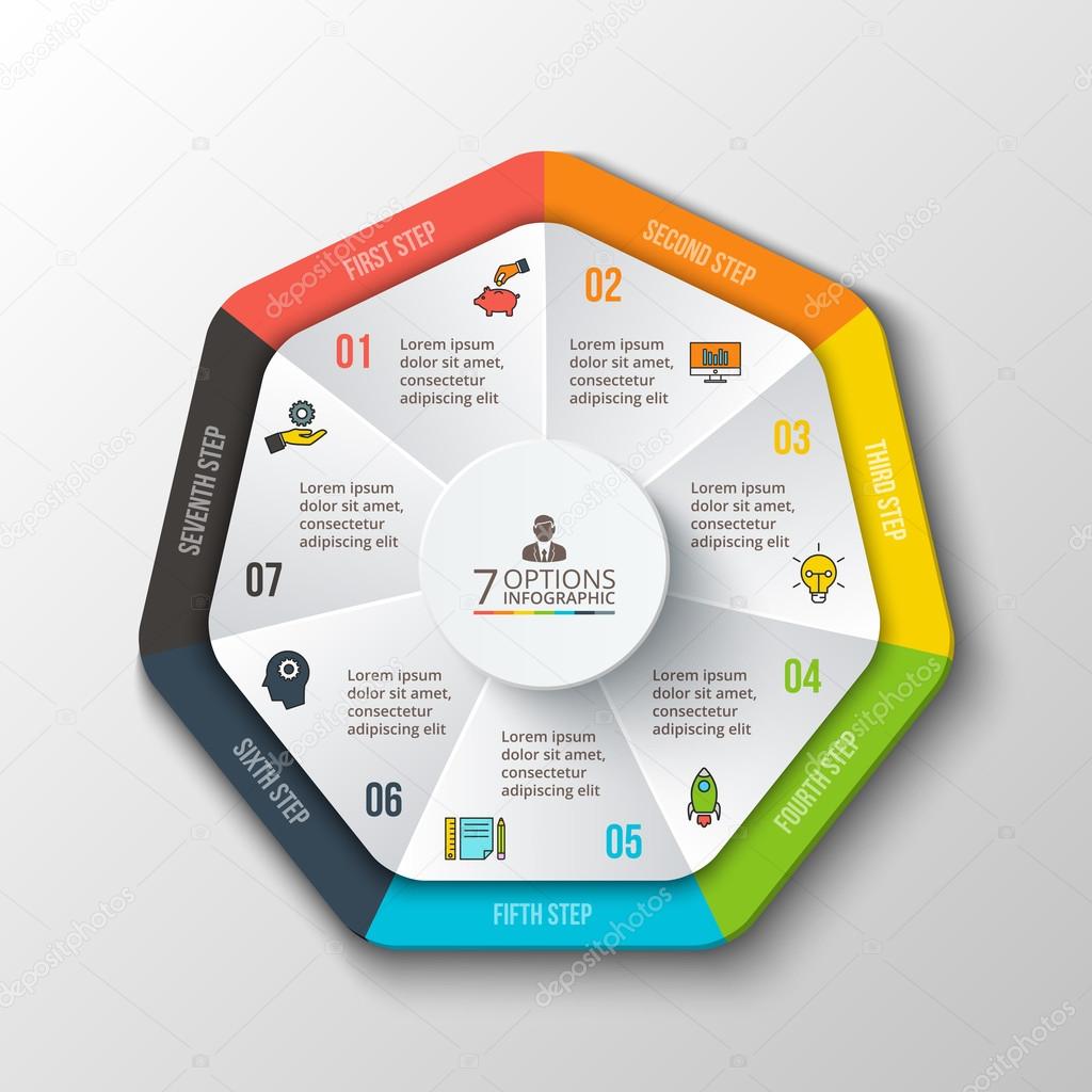 Vector heptagon infographic. Template for cycle diagram, graph, presentation and round chart. Business concept 7 with options, parts, steps or processes. Data visualization.