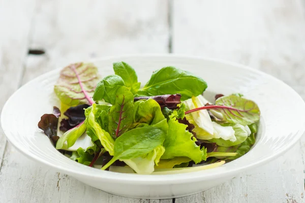 Ensalada de hojas de verano sobre fondo de madera — Foto de Stock