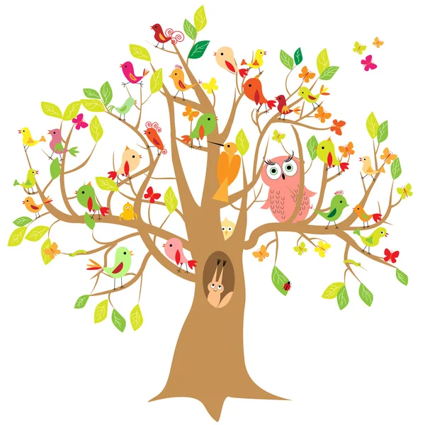 Aves coloridas, búho, ardilla sentada en un árbol — Vector de stock
