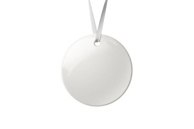 Christmas round ceramic ornament or decoration with white ribbon mockup isolated on a white background. High resolution. Mockup, template ready for your design.