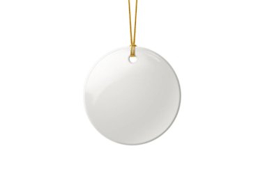 Christmas round ceramic ornament or decoration with golden ribbon mockup isolated on a white background. High resolution. Mockup, template ready for your design.