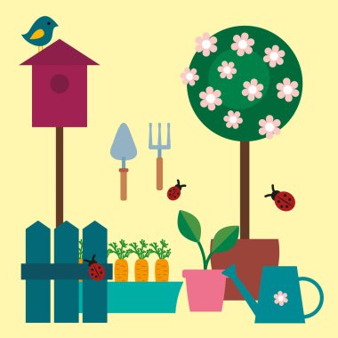 Bahçe albümü, bahçe eşyaları seti. Temizlik kitabınız için bahçe aletleri, çiçekler, sebzeler ve böcekler.