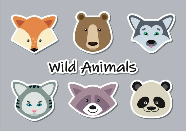 Vector Set Cartoon Animal Heads Stickers — Stock Vector