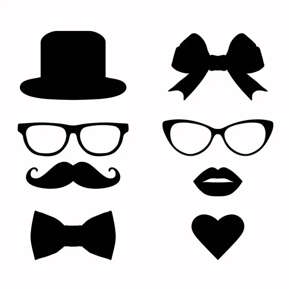 Conjunto Vetorial Bigode Hipster Com Óculos Coração Lábios Acessórios Para —  Vetores de Stock