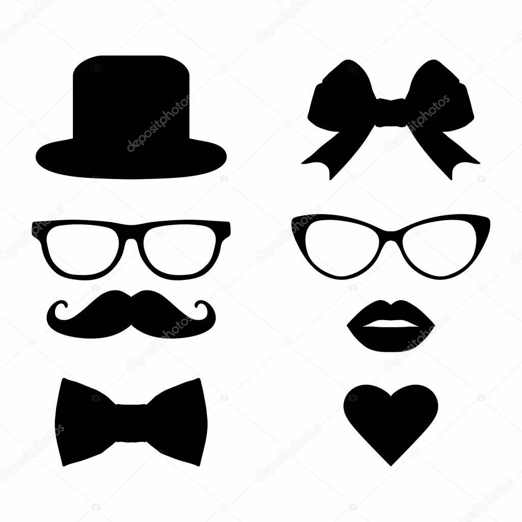 Vector set of hipster mustache with glasses, heart and lips. Ladies' and men's accessories