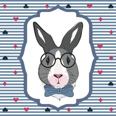 Rabbit wearing glasses. Pattern with fairy rabbit with blue butterfly. Background with bunny in Wonderland clipart