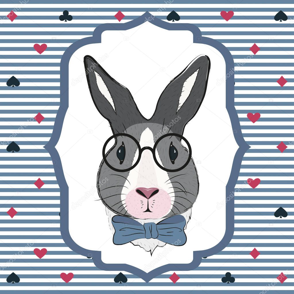 Rabbit wearing glasses. Pattern with fairy rabbit with blue butterfly. Background with bunny in Wonderland