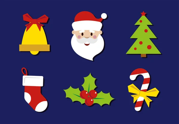 Set Von Vektor Weihnachtssymbolen Mit Neujahrsattribute Weihnachtsbaum Weihnachtsmann Glocke Lutscher — Stockvektor