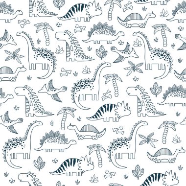 Boyama kitabı. Dinozorların geçmişi. Çizgi filminde komik dinozorlar olan sevimli, pürüzsüz desen.