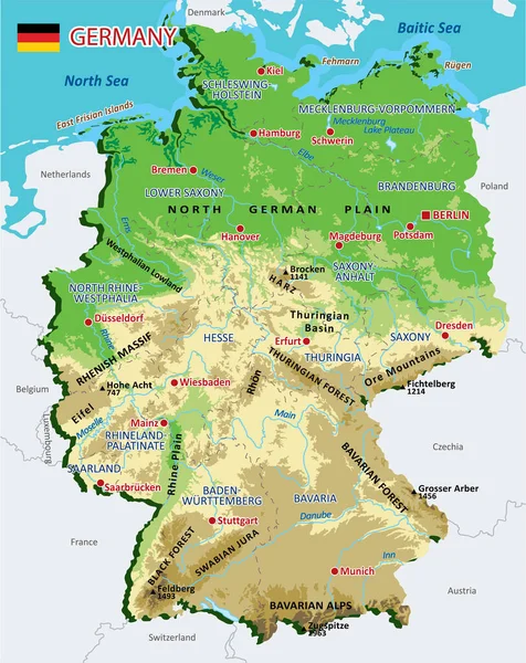 Mapa Físico Alemanha Com Regiões Rios Lagos Montanhas Topografia Ilustração Gráficos De Vetores