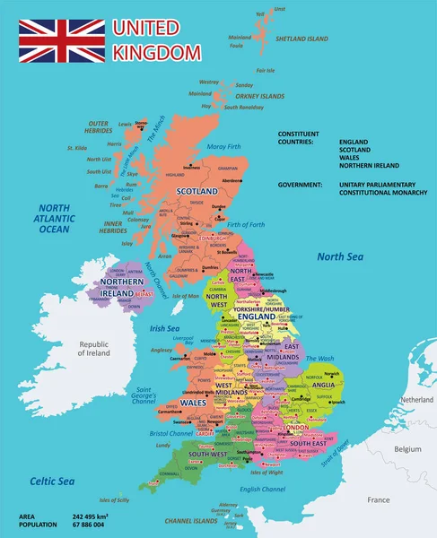 Büyük Britanya Nın Politik Idari Vektör Haritası Birleşik Krallık Şehirleri — Stok Vektör