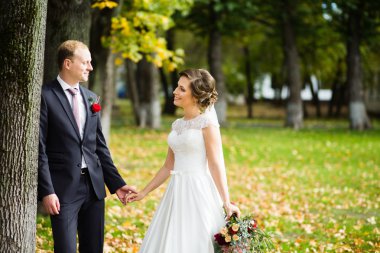 Güzel gelin ve damat güneşli bir parkta