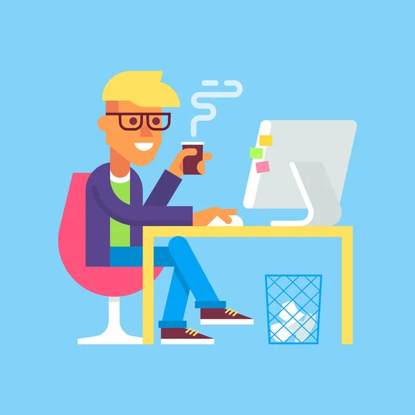 Man is werken met computer en koffie drinken. — Stockvector