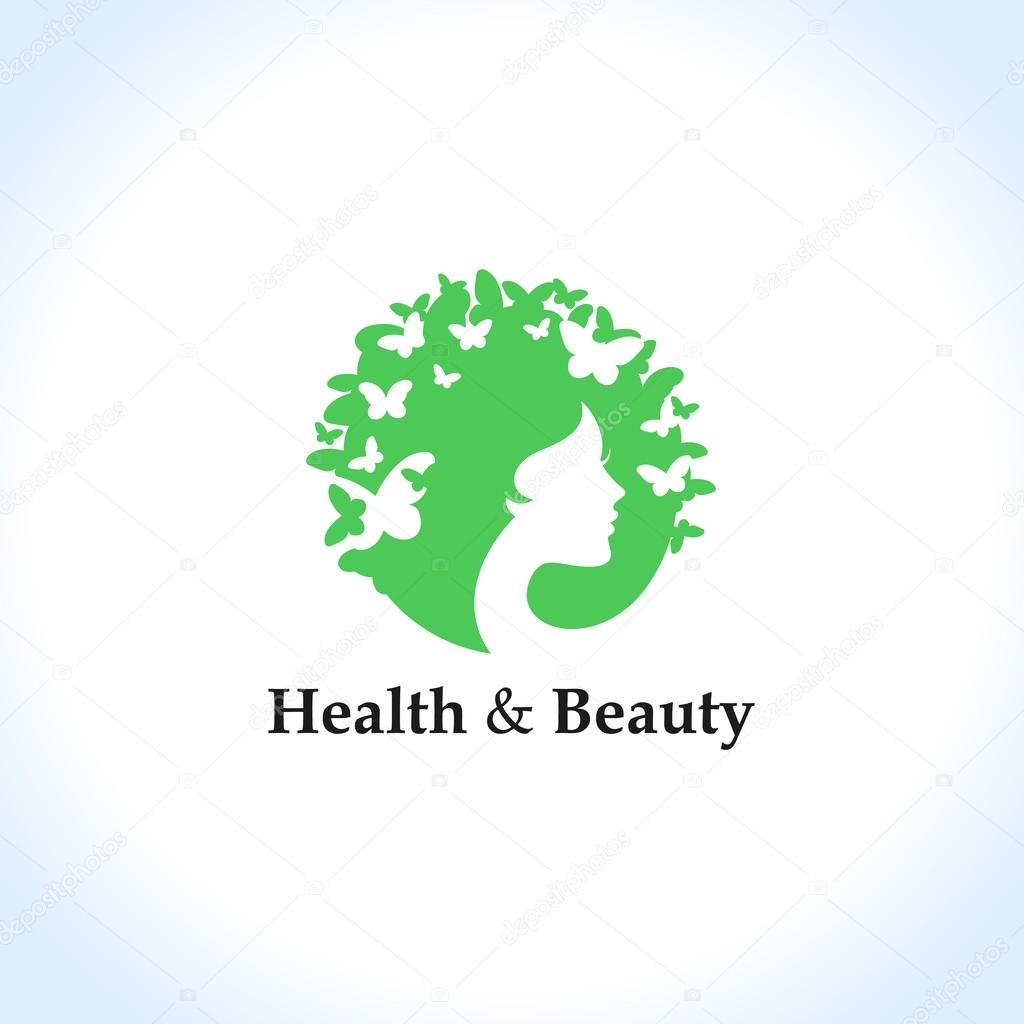 Health and beauty logo conceptwomans face and butterflies. Logo for beauty salon, massage, cosmetics, spa or medical clinic. Flat design.