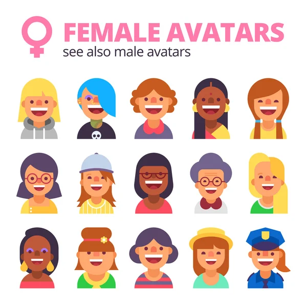 Kadın avatarları kümesi. Ayrıca bkz: erkek koleksiyonu. — Stok Vektör