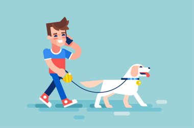 Adam köpeğini ve telefonda konuşurken yürür. Vektör.