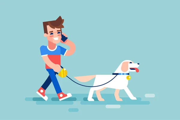 Der Mann geht mit seinem Hund spazieren und telefoniert. Vektor. — Stockvektor