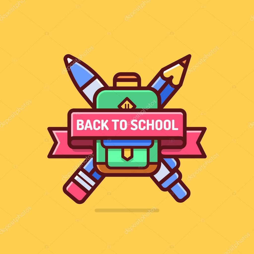 Back to school badge. Cool trendy school logo with ribbon, backpack, pen and pencil. Modern flat style. Premium quality vector icon.