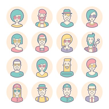 Yuvarlak avatarlar yaratıcı kümesi. İnce çizgiler. Vektör.