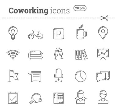 simgeler coworking ayarlayın. paketi yaratıcı ekibi için simgeler. iş arkadaşları. freelancing için simgeleri. coworking alanı simgeler. hisse senedi vektör.