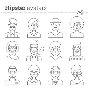 Creative set of hipster avatars for social media or web site. Trendy monochrome icons collection. Black and white characters guys, girls. Contours, outlines and lines. Vector stock.