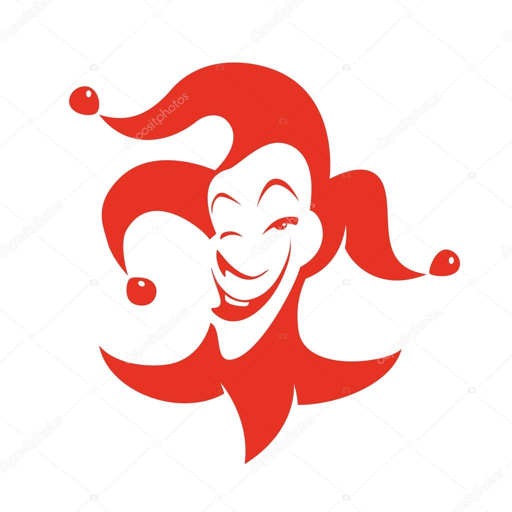 Red joker with a sly look and a smile. Vector hand drawn illustration - clown in hat withal bells.