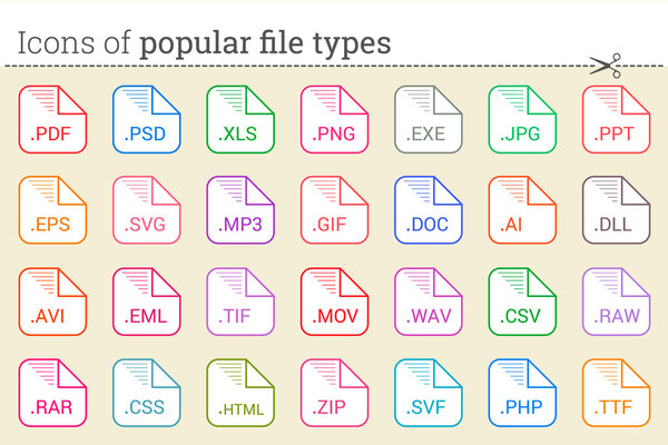 Icons of popular file types and files extensions. 
