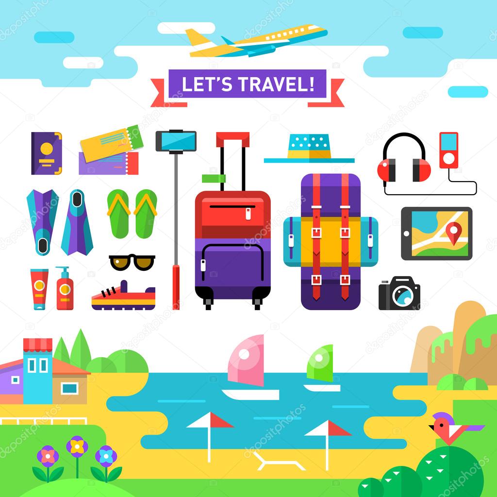 Summertime travel template with sea, beach and vocation's accessories: suit case, backpack, camera, selfie stick, sun cream etc. Set holidays icons. Vector flat background and objects illustration.