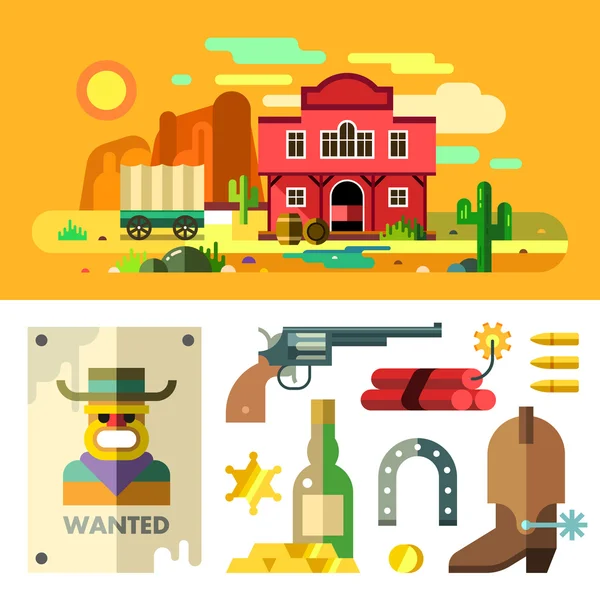 Paysage du Far West, icônes, objets et éléments revolver, cactus, chariot, dynamite, balles, fer à cheval, saloon, maison, montagnes, désert, barre d'or. La ruée vers l'or. Recherché. Plat. Illustration clipart . — Image vectorielle