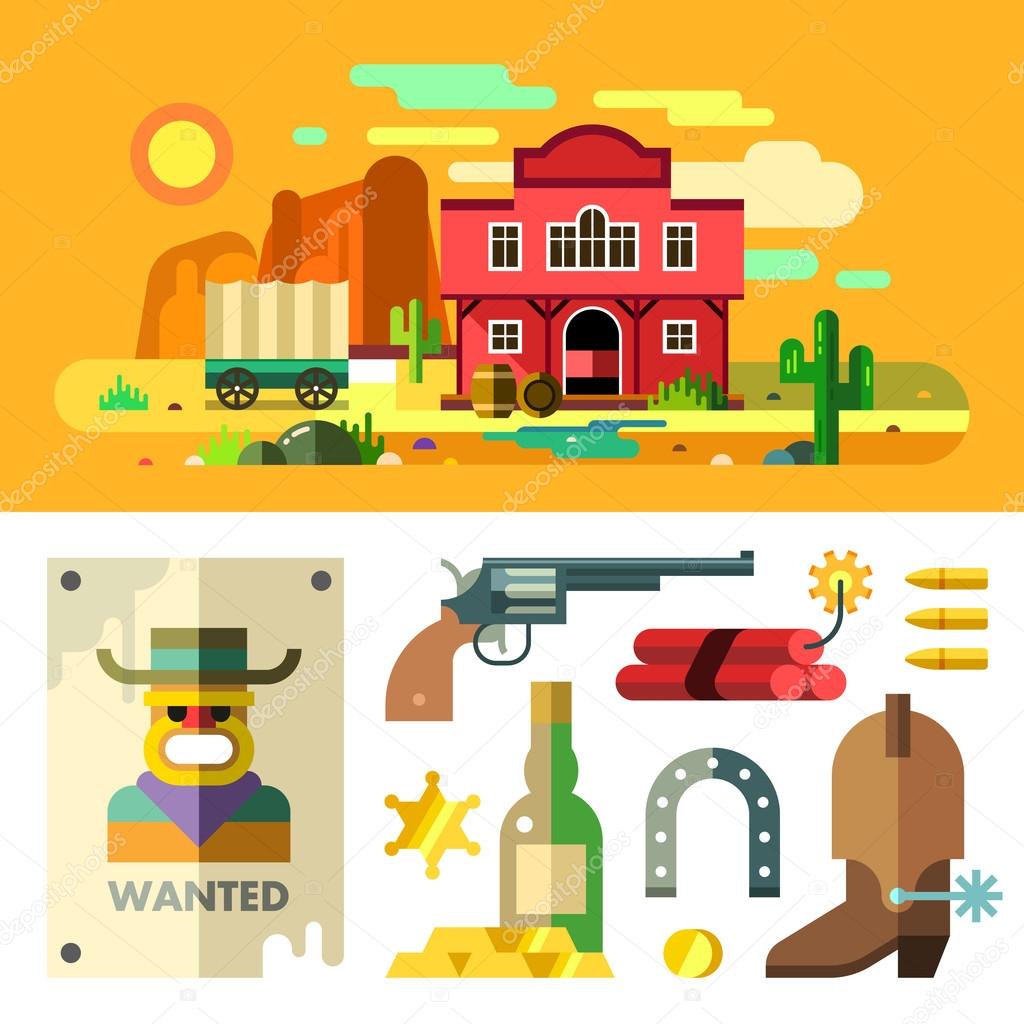 Wild West landscape, icons, objects and elements - revolver, cactus, wagon, dynamite, bullets, horseshoe, saloon, house, mountains, desert,  gold bar. Gold Rush. Wanted. Flat. Illustration clipart.