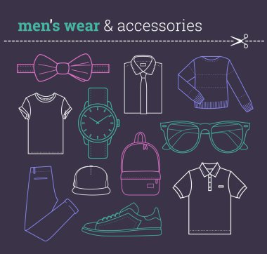 Trendy erkek giyim ve Aksesuar moda erkek giyim'ın öğeleri ince çizgi hippi tarzı hisse senedi vektörel clipart topluluğu sürüsü