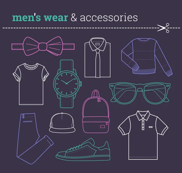 Conjunto de ropa y accesorios de moda para hombres Pack de prendas de vestir masculinas de moda línea delgada en estilo hipster Colección de clipart de vector de stock — Vector de stock