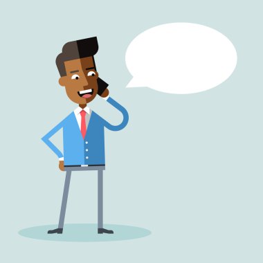 Evet resmi kıyafetli yakışıklı Afro-Amerikan Yöneticisi. İşadamı cep telefonuyla konuşuyor. Vektör hisse senedi çizim. Stil düz.