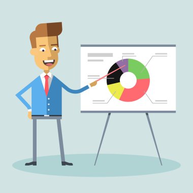 Yakışıklı Yöneticisi bir sunum verir ve bir diyagram çizgi film karakteri - işadamı takım elbise ve kravat rapor, stok vektör çizim tarzı düz eğitim gösterir