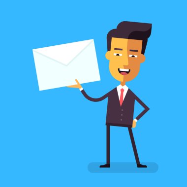 Bir mektup bir zarf holding resmi uymak yakışıklı Asya işadamı. Çizgi film karakteri - şirin Yöneticisi. Hisse senedi vektör çizim tarzı düz.