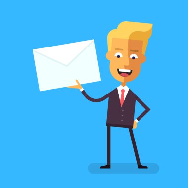 Bir mektup bir zarf holding resmi uymak yakışıklı sarışın işadamı. Çizgi film karakteri - şirin İskandinav Yöneticisi. Hisse senedi vektör çizim tarzı düz.